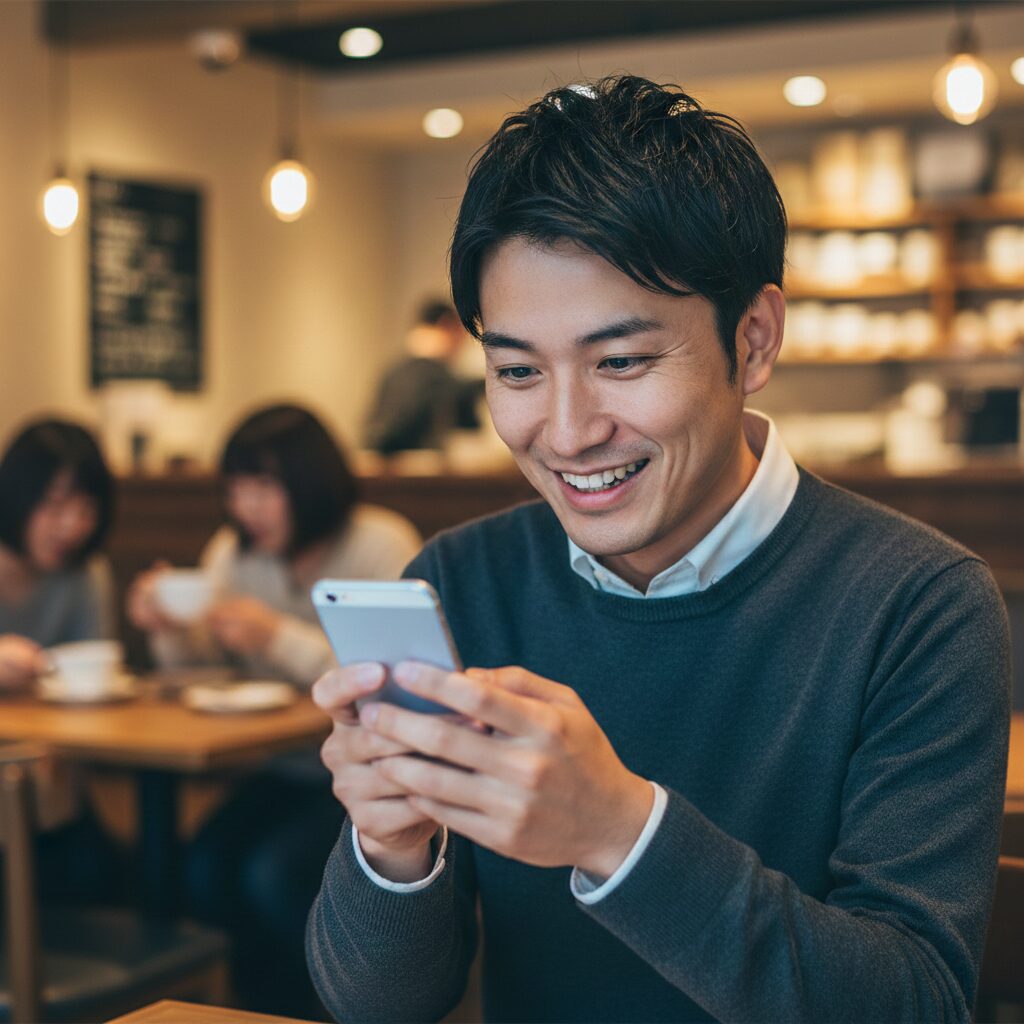 スマホの画面を見て、パッと表情が明るくなる男性。「おっ、可愛い!」という発見の瞬間。