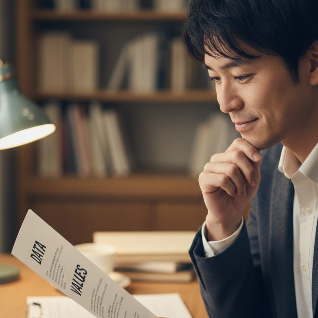 紹介状をみて笑顔の日本人男性