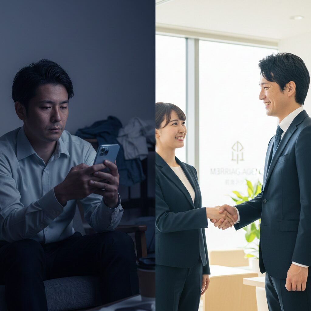 アプリの「終わりのないマラソン」と相談所の「明確なゴール」の対比。