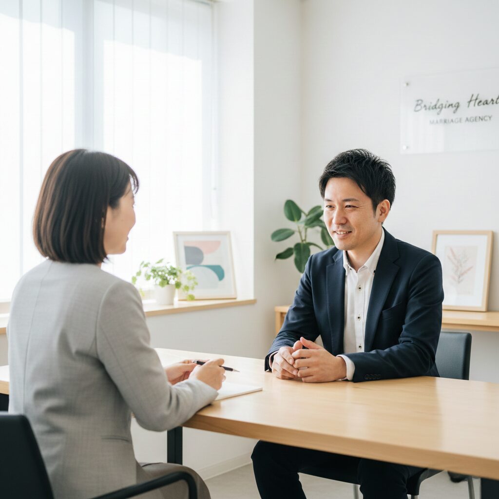 明るいオフィスで、女性カウンセラー(背中越しまたは横顔)と対面し、リラックスして相談している男性。