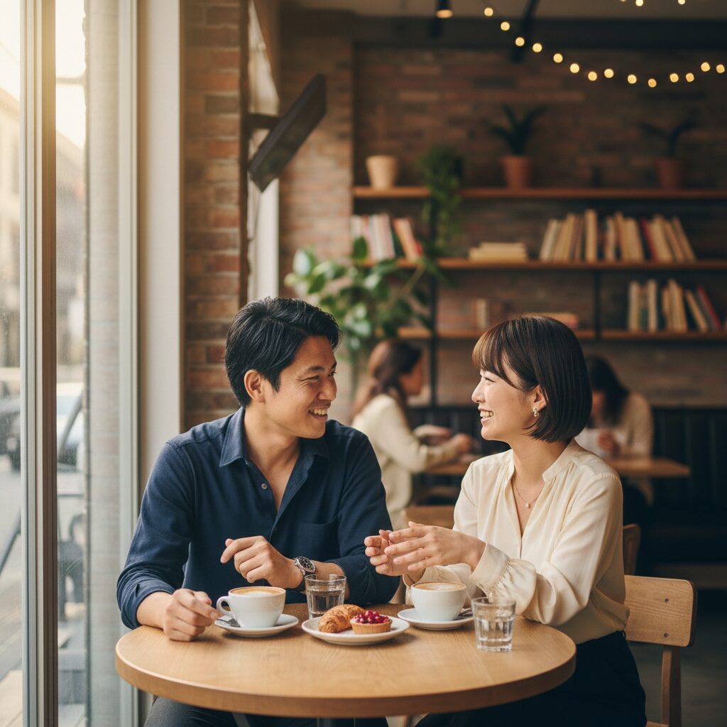 おしゃれなカフェでデートしている日本人男女。良い雰囲気で会話している