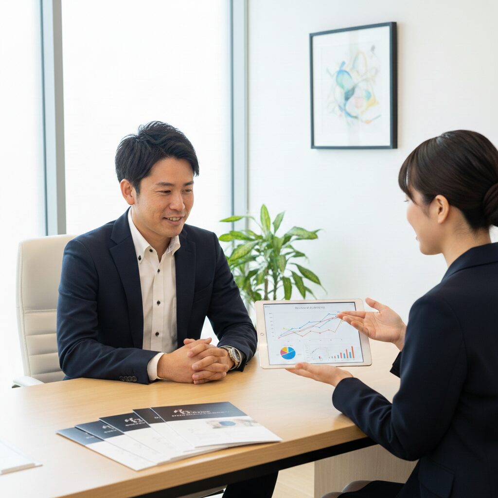 清潔で明るいブースで、女性カウンセラー(顔はぼかすか後ろ姿)からタブレット端末でデータを見せられ、納得して頷いている男性。