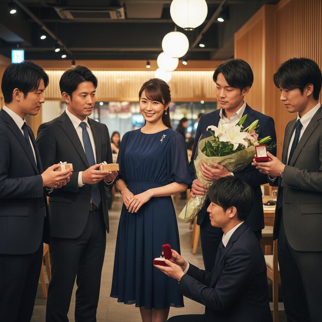 筆者作成イメージ：とても魅力的な女性30歳に交際を申し込む複数の男性30歳。日本人