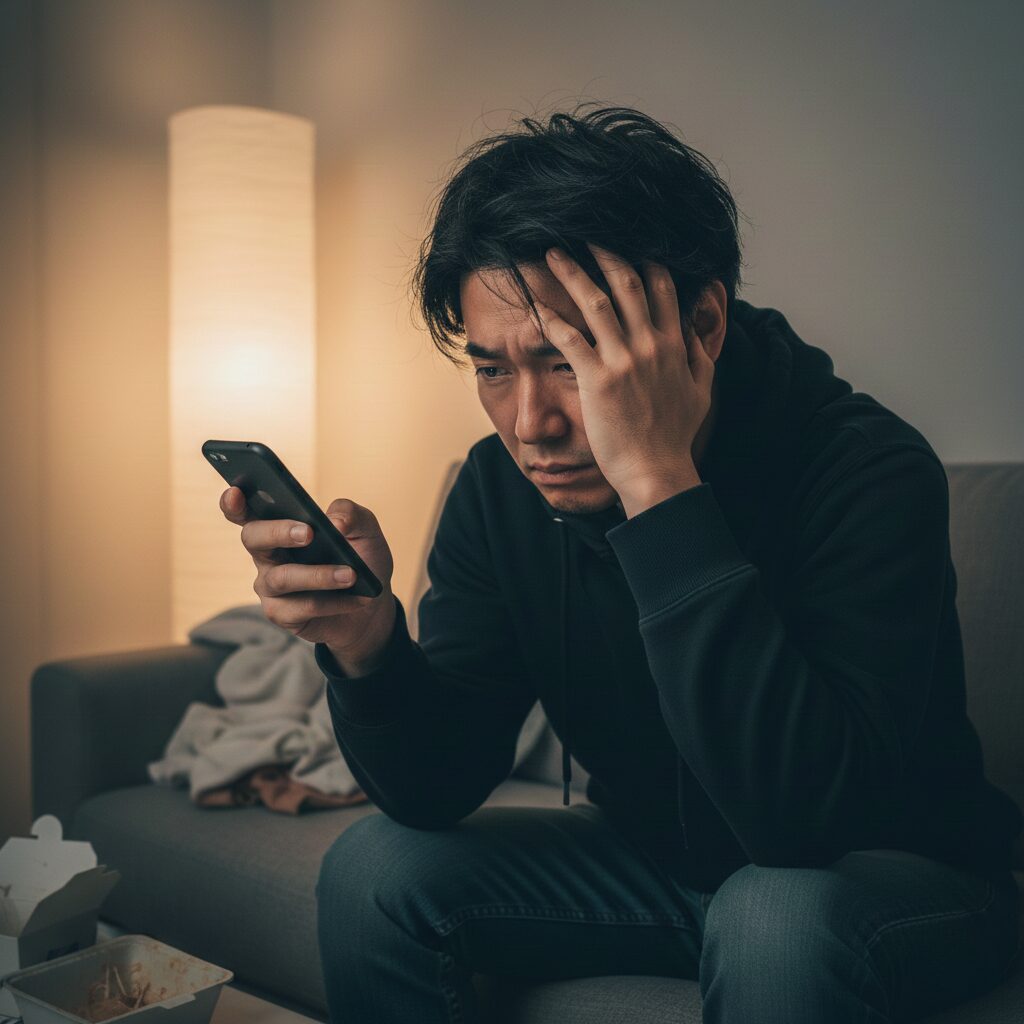 片手でスマホを見ながら、片手は頭を抑えている、不満顔、諦めた表情の日本人男性