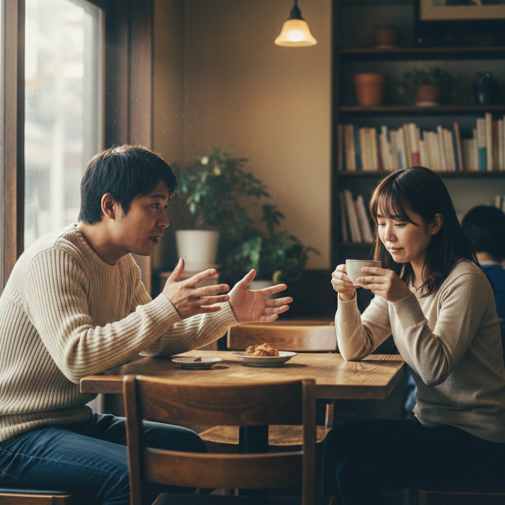 カフェで向かい合って座る男女。男性は一生懸命話しているが空回り気味で、女性は少し退屈そうに視線を外している、会話のキャッチボールが成立していない気まずい瞬間。