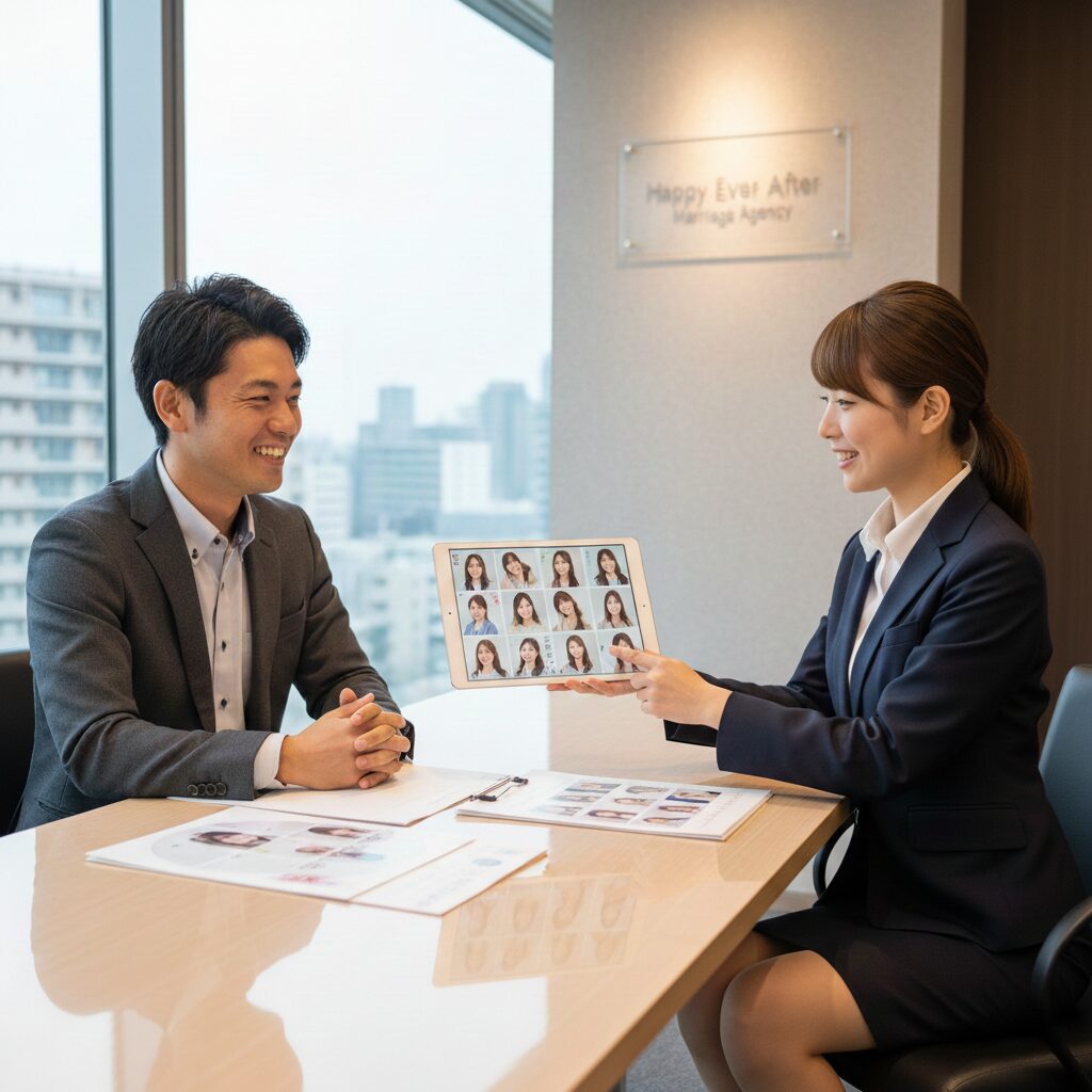 結婚相談所で制服を着た女性の婚活カウンセラーが男性に複数のお見合い相手を紹介している様子。笑顔の日本人男性