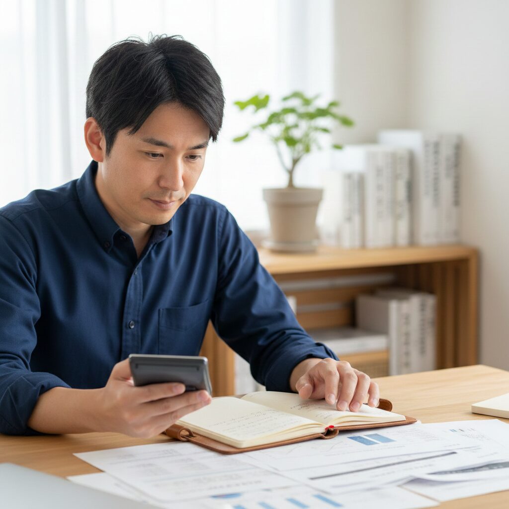 電卓を片手に、見積書や手帳を見て「なるほど」と納得している様子