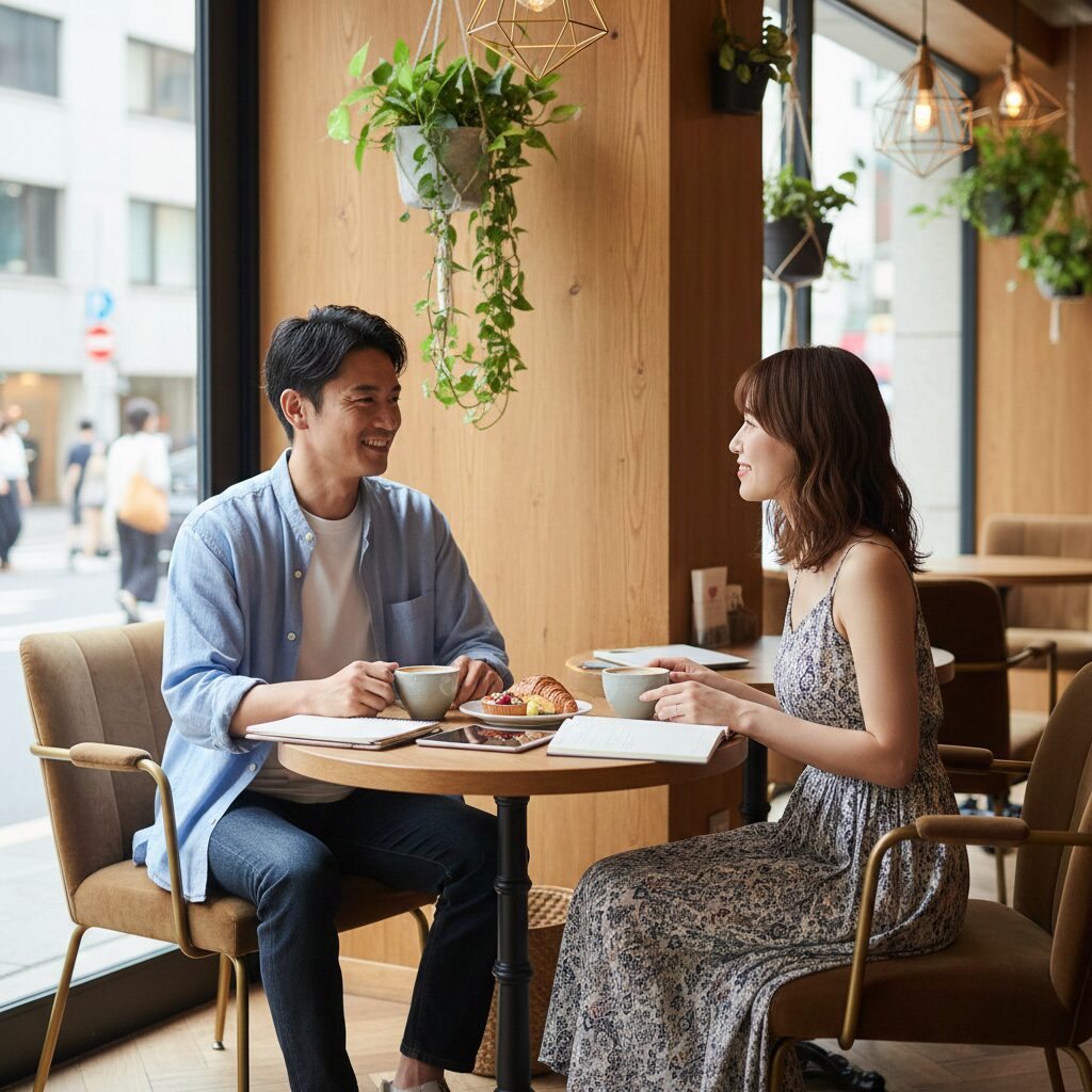 おしゃれなカフェでデートしている日本人男女
