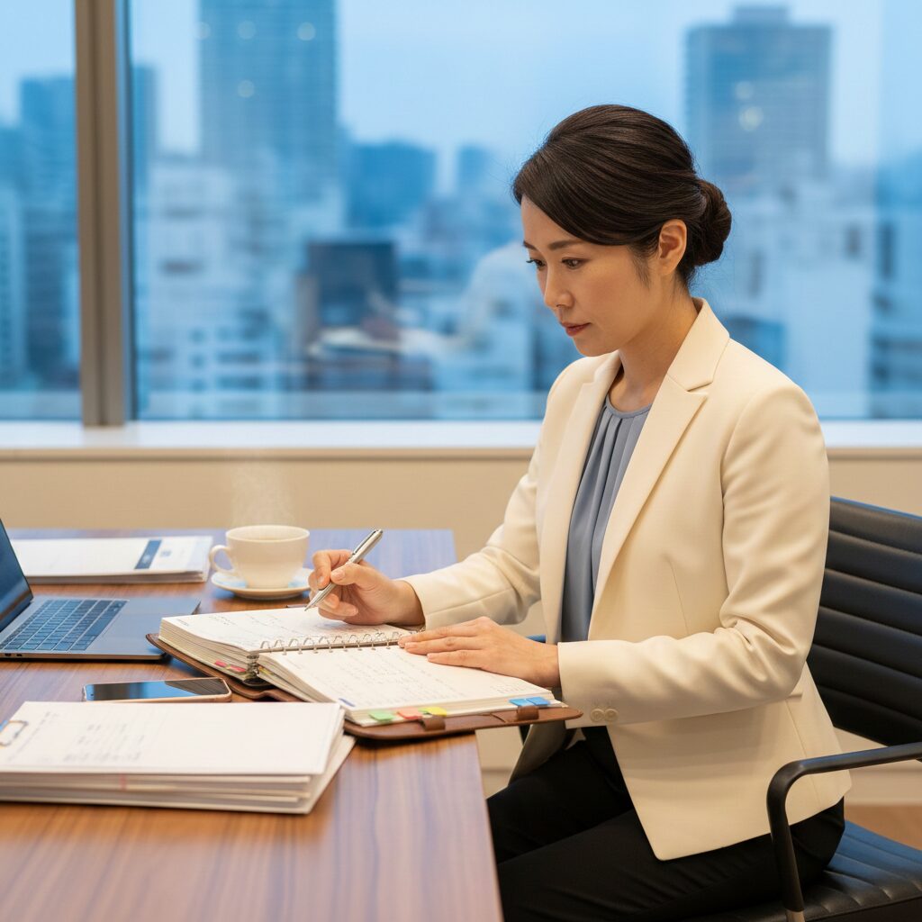 結婚相談所の婚活カウンセラーの日本人女性が手帳を開いて忙しく働いている様子