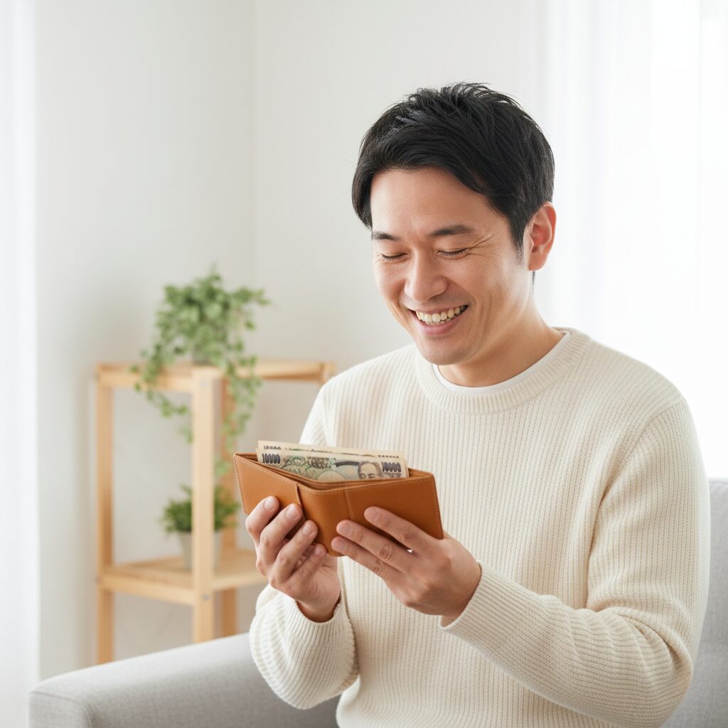 財布を持って安心した表情、または貯金箱を持っている様子。「お金が浮く」「賢く節約」というポジティブなイメージ。