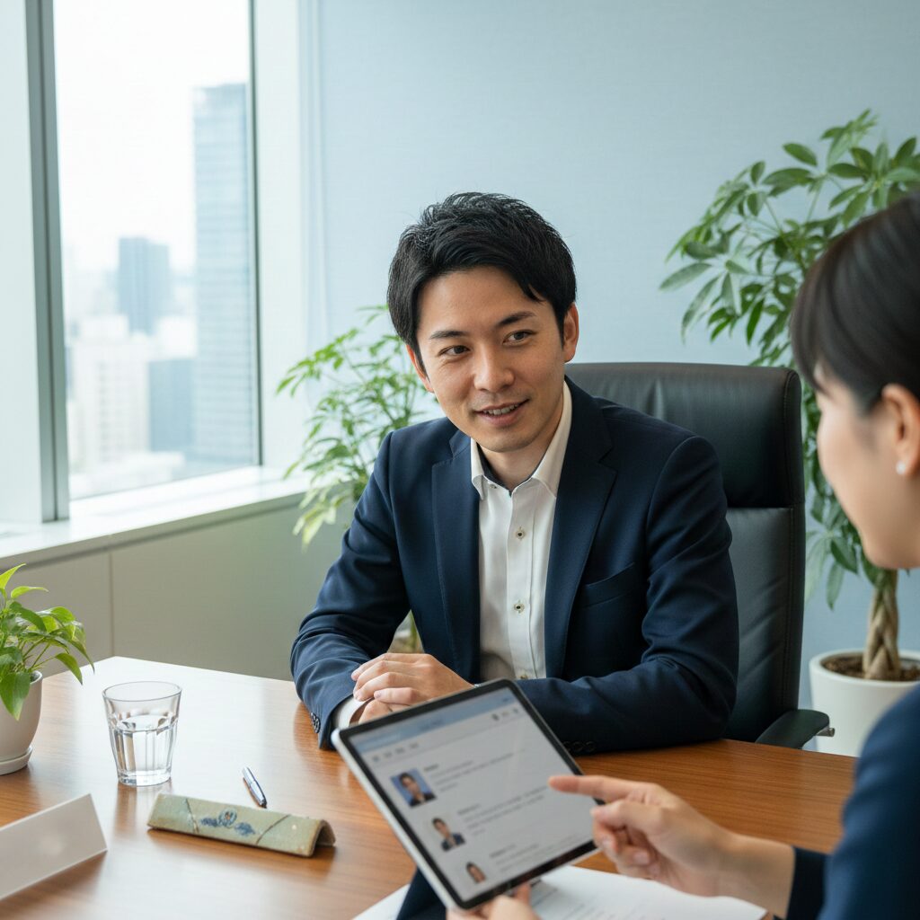 結婚相談所の店舗ブースで、カウンセラー(後ろ姿や手元)と対面し、PC画面を見せてもらっている男性。