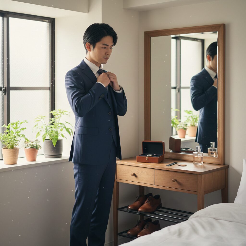 お見合いに行くために身なりを整えている日本人男性