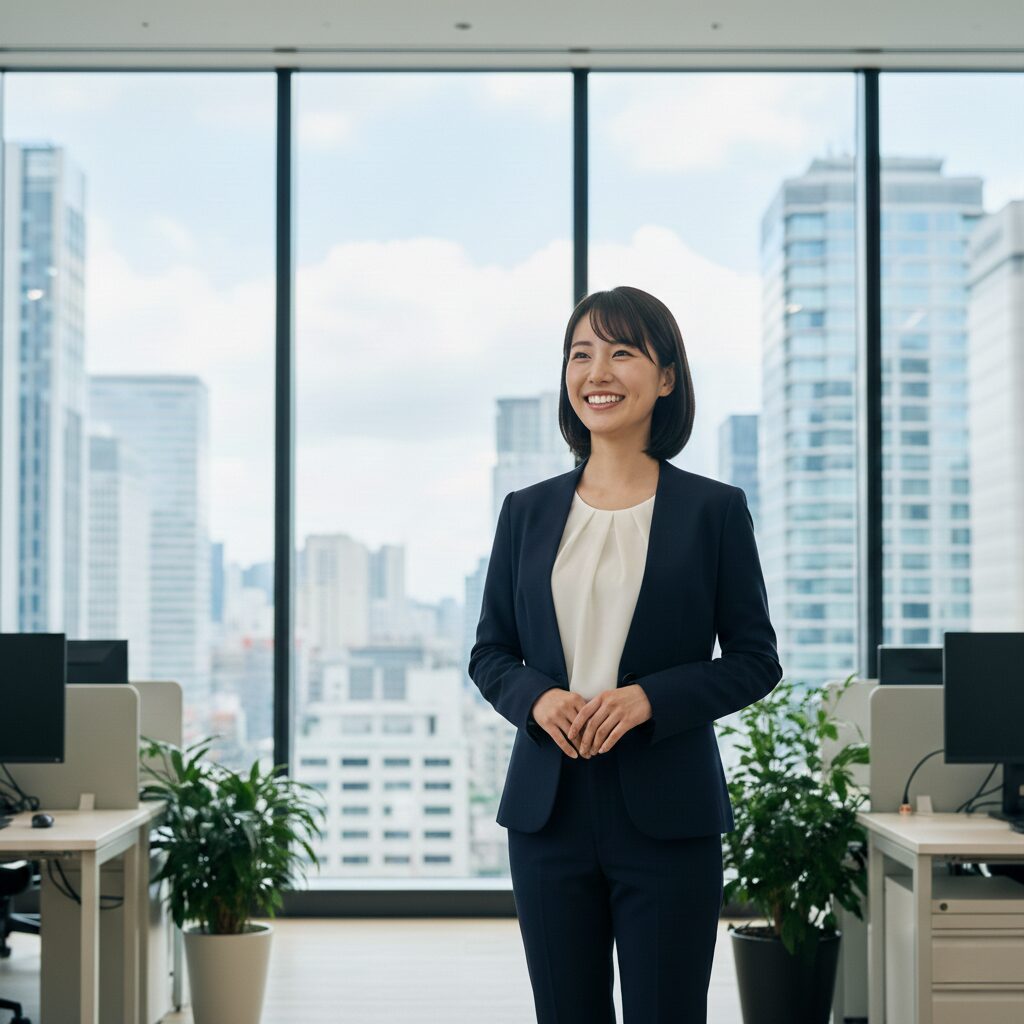 オフィスビルで働く笑顔のキャリアウーマン日本人