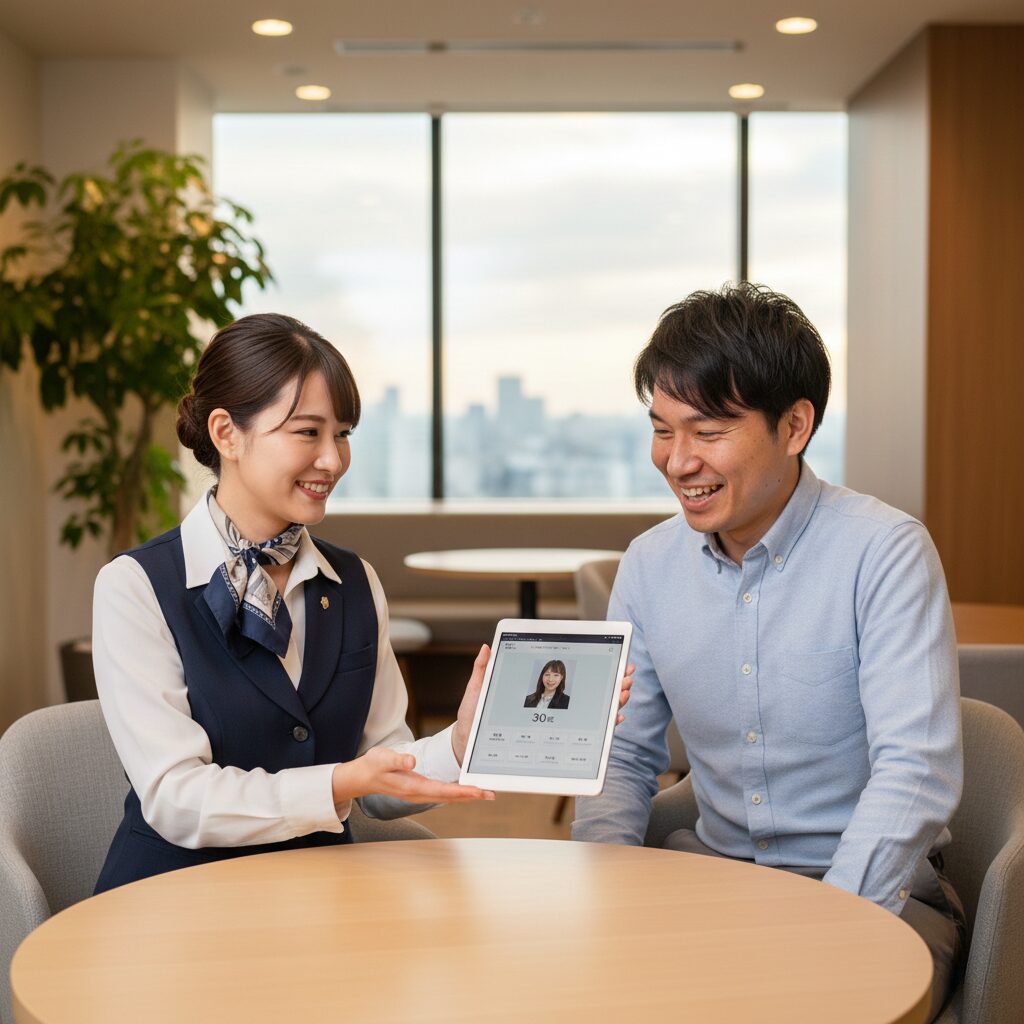 結婚相談所で制服を着た女性婚活カウンセラーが、タブレットでお見合い相手の日本人女性のプロフィールを男性に紹介している様子。笑顔の日本人男性