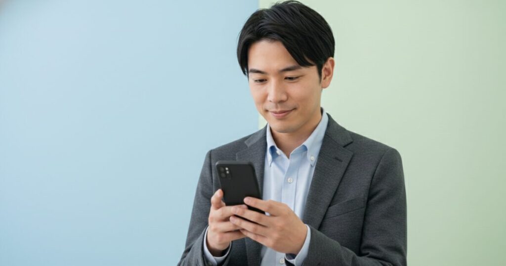 清潔感のある30代の日本人男性が、スマートフォンを片手に「どちらの道に進むべきか」をポジティブに悩んでいる構図