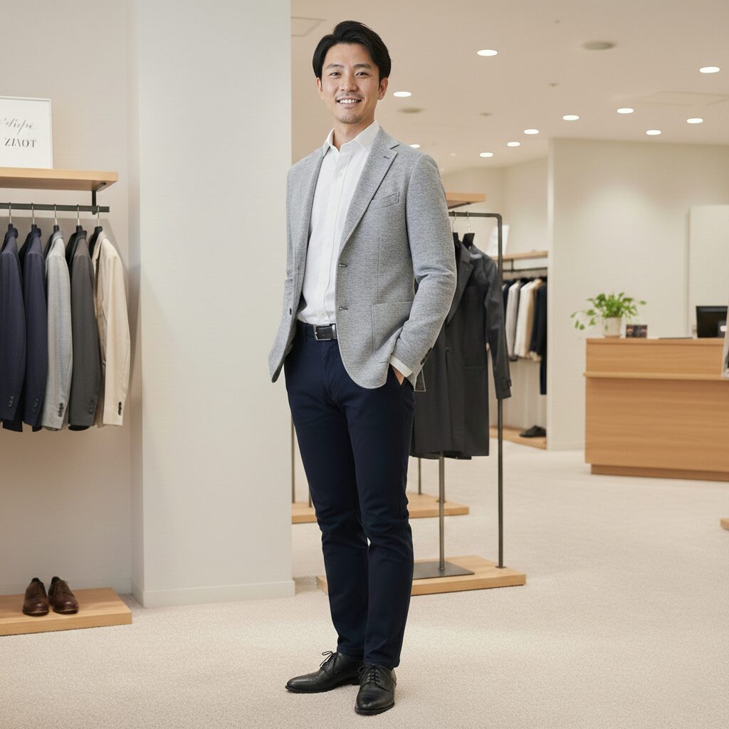 新しいジャケットを羽織って身だしなみをチェックし、少し自信を持ったような表情の男性