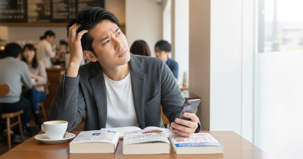 真面目そうな男性が、恋愛マニュアル本とスマホを前に頭を抱えつつも、視線は前向きな未来に向いているような構図