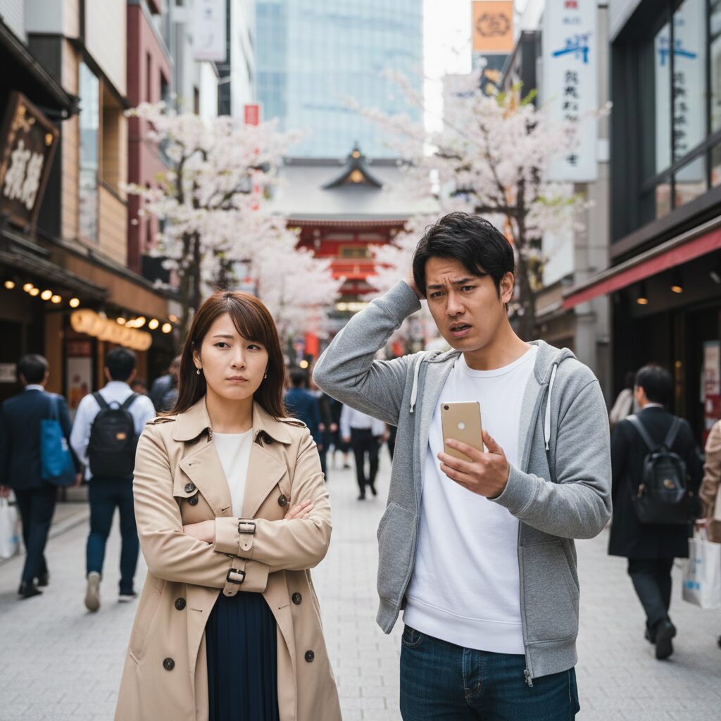 街中でスマホの地図アプリを見ながら困った顔で立ち尽くす男性と、その横で待ちくたびれた様子の女性。