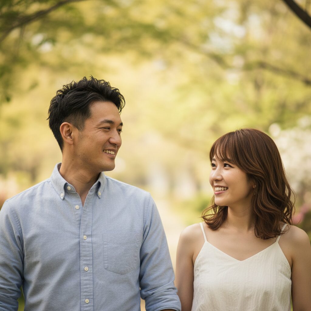 公園や並木道をリラックスして歩くカップル