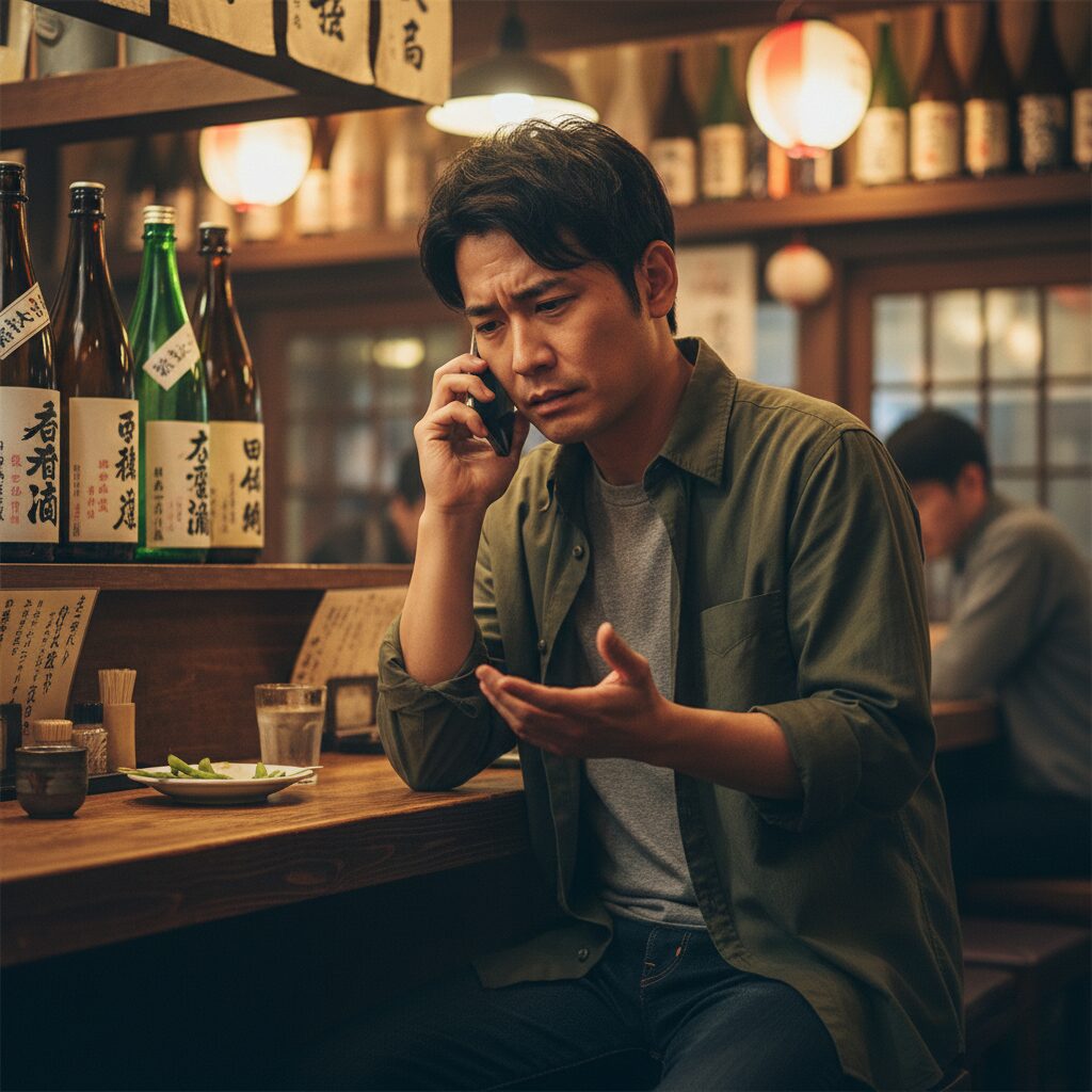 申し訳ない表情で電話している私服の日本人男性