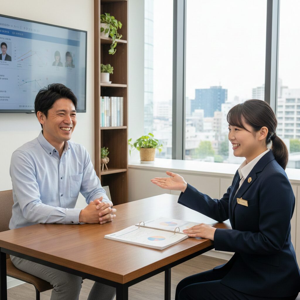 結婚相談所で制服を着た婚活カウンセラーから説明を受けている笑顔の日本人男性