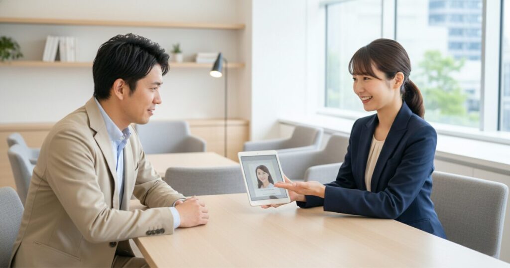 明るいラウンジや相談カウンターで、女性コンサルタントが笑顔で男性に資料（またはタブレット）を見せながら提案しているシーン。男性は少し緊張しつつも期待に満ちた表情。