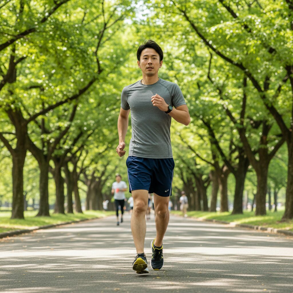 公園や河川敷を、スポーツウェアを着て大股で早歩きしている男性。