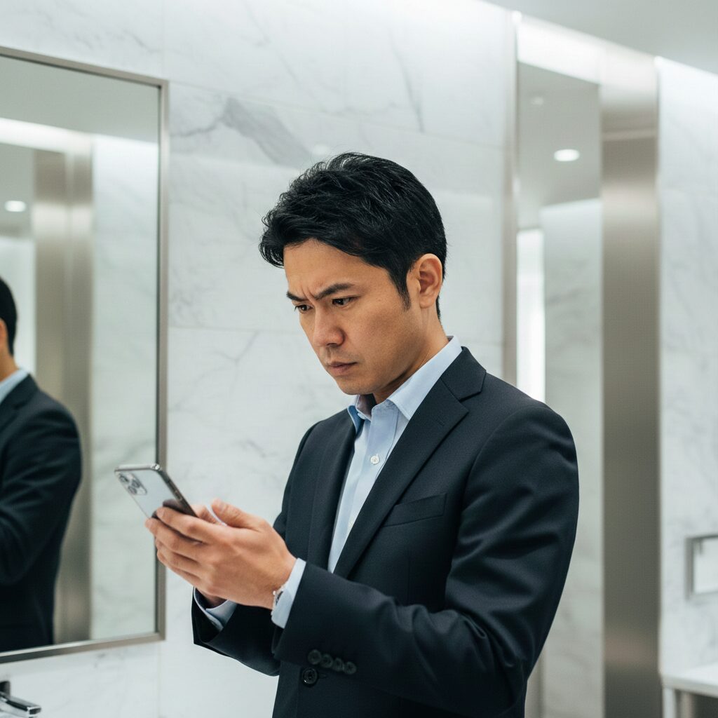 スマホのメモ（カンペ）をこっそり確認している様子。