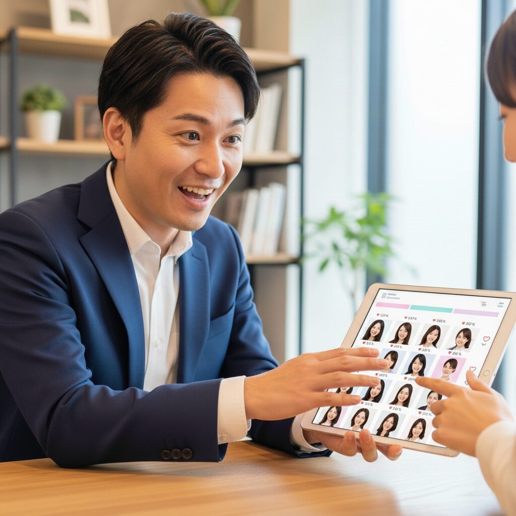 シミュレーション結果を見て、希望を見出した男性の表情