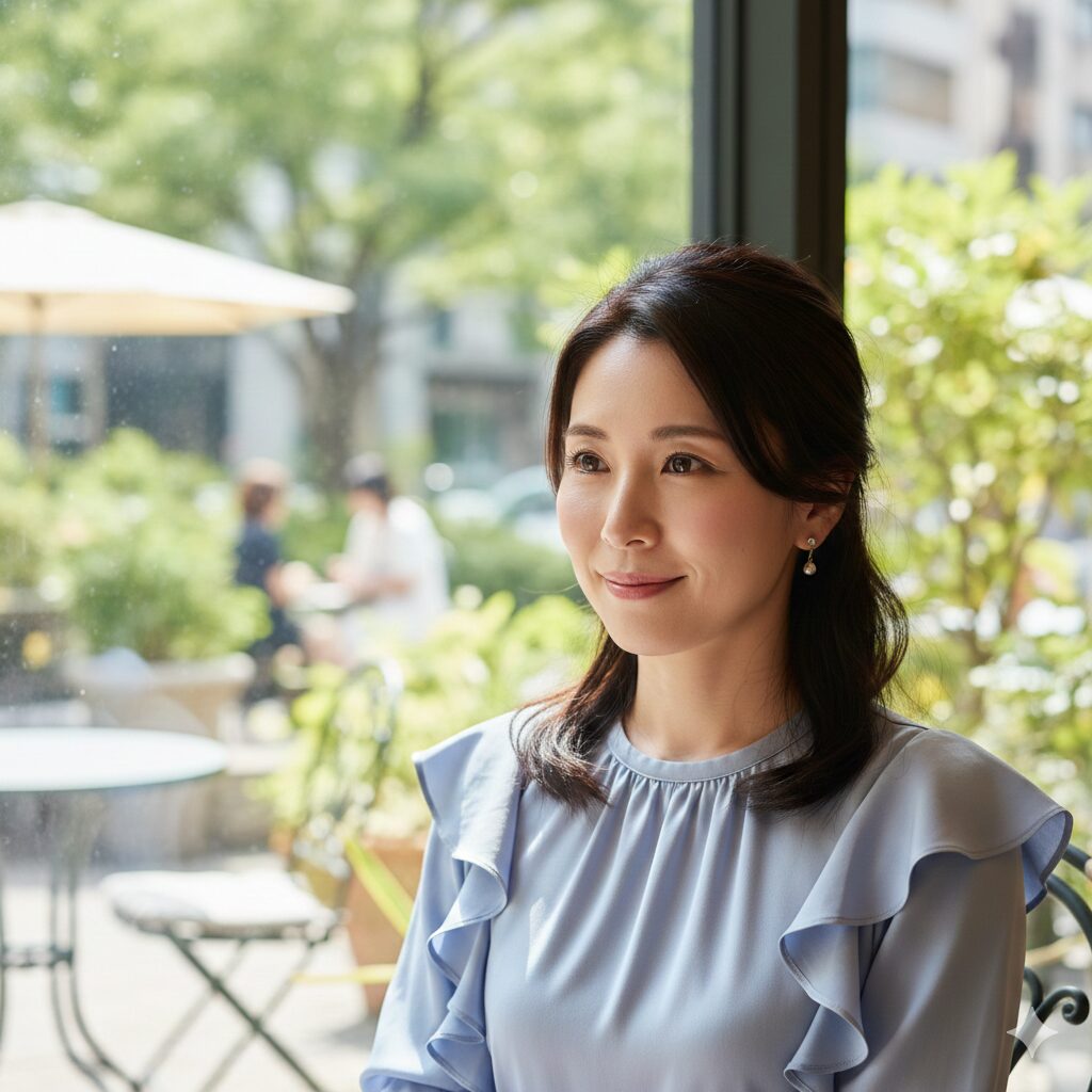 婚活で出会えるであろう、清楚で魅力的な30代日本人女性のイメージポートレート。