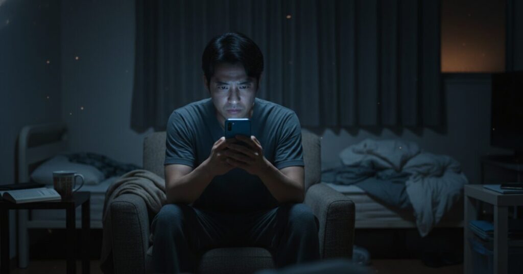 深夜の部屋で、スマホのブルーライトに照らされた疲れた男性の顔。