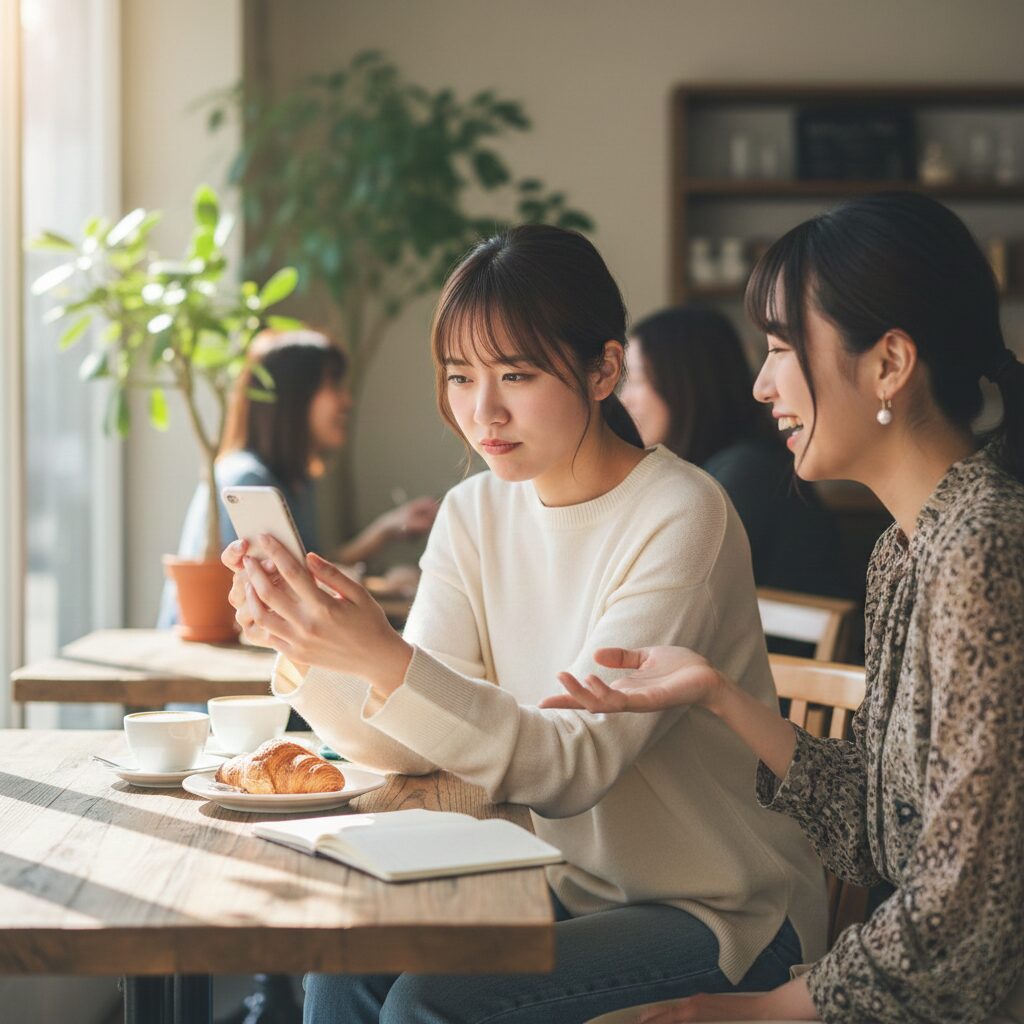 カフェでスマホを見ながらマッチングアプリの男性を選んでいる日本人女性