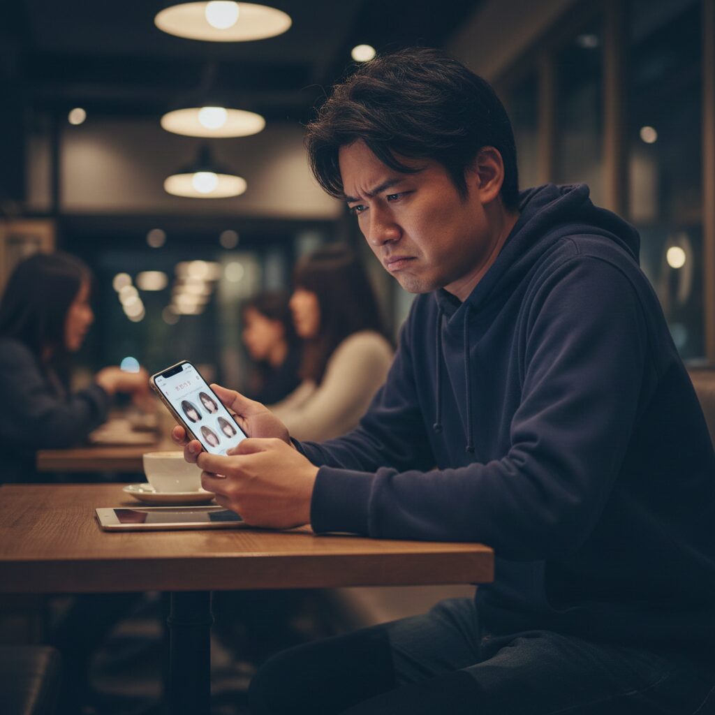 筆者作成イメージ：スマホからお見合い相手の女性30歳をチェックするが顔写真がぼやけている。不満顔の日本人男性30歳
