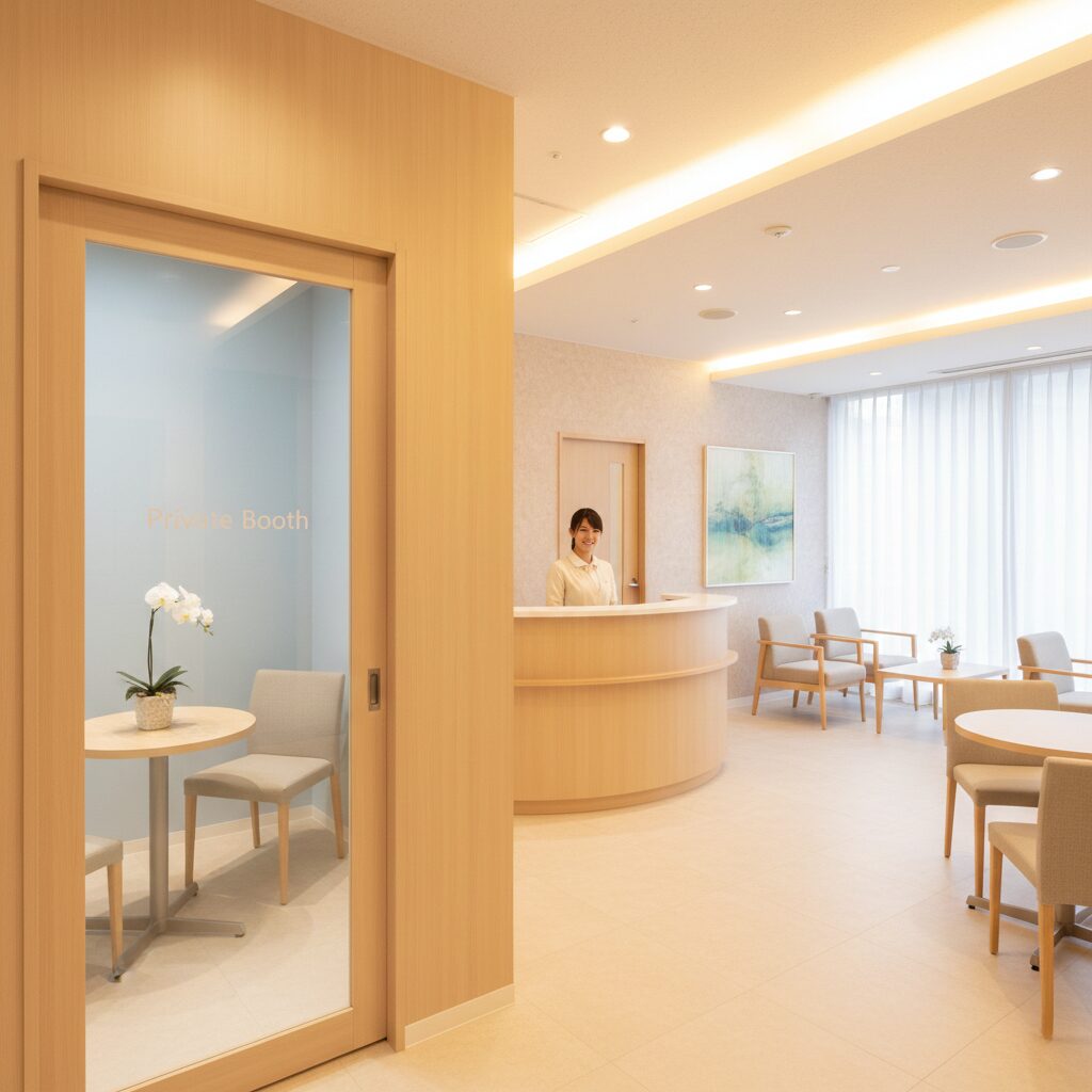 結婚相談所。清潔感のある店舗の入り口、または個室ブースのイメージ。