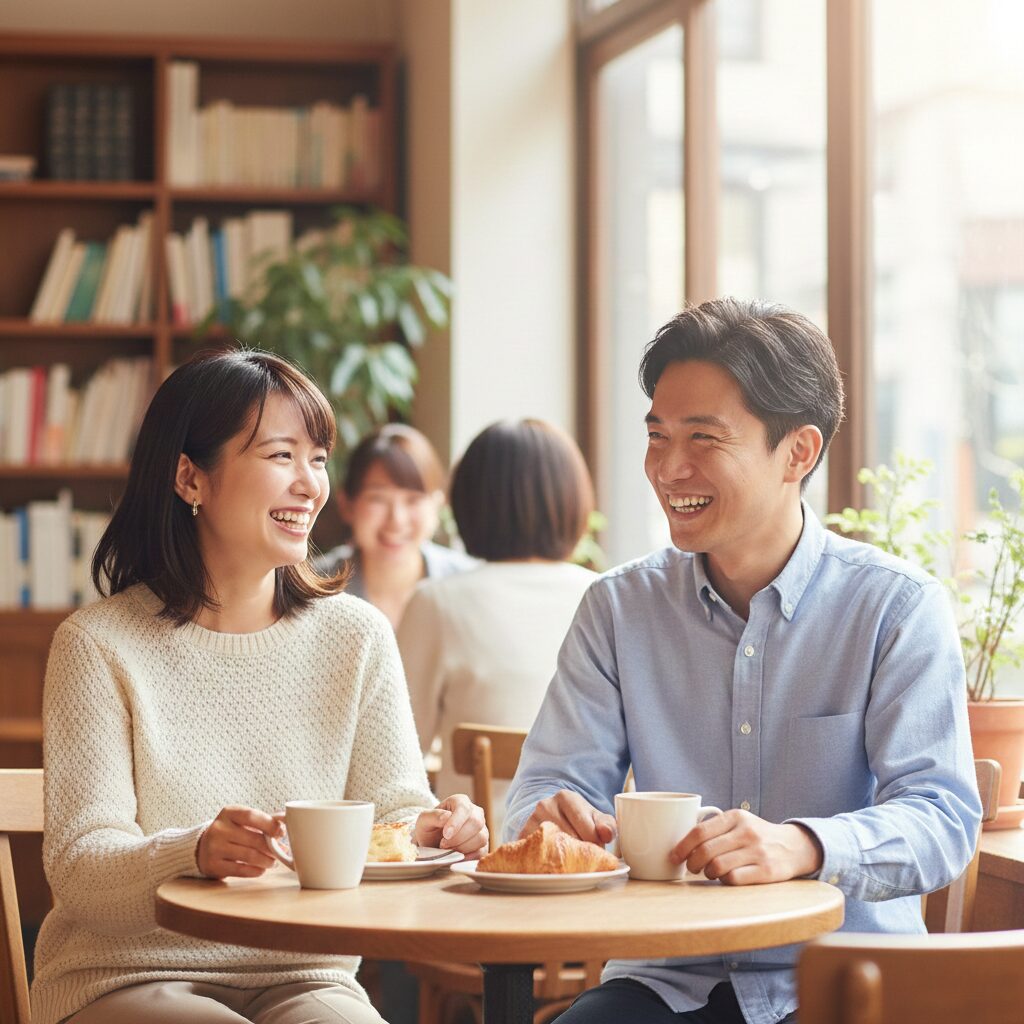 筆者作成イメージ：明るい雰囲気のカフェで隣同士に座り仲良く会話している笑顔の日本人男女30歳。