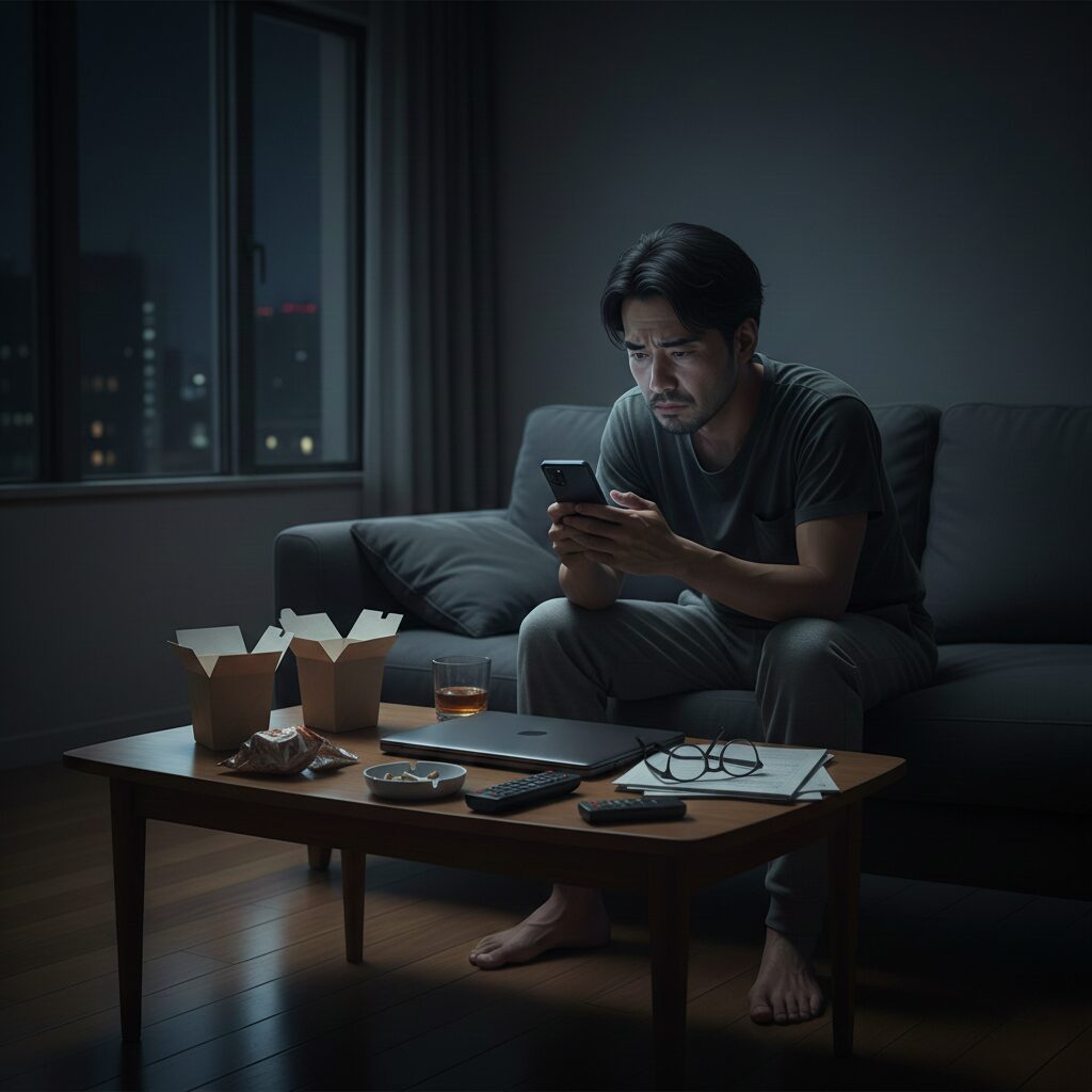 筆者作成イメージ：夜の部屋で、一人ソファに座り、スマホの画面を疲れた表情で見つめる30代男性。スマホの光が顔を照らしている。孤独感と焦燥感。