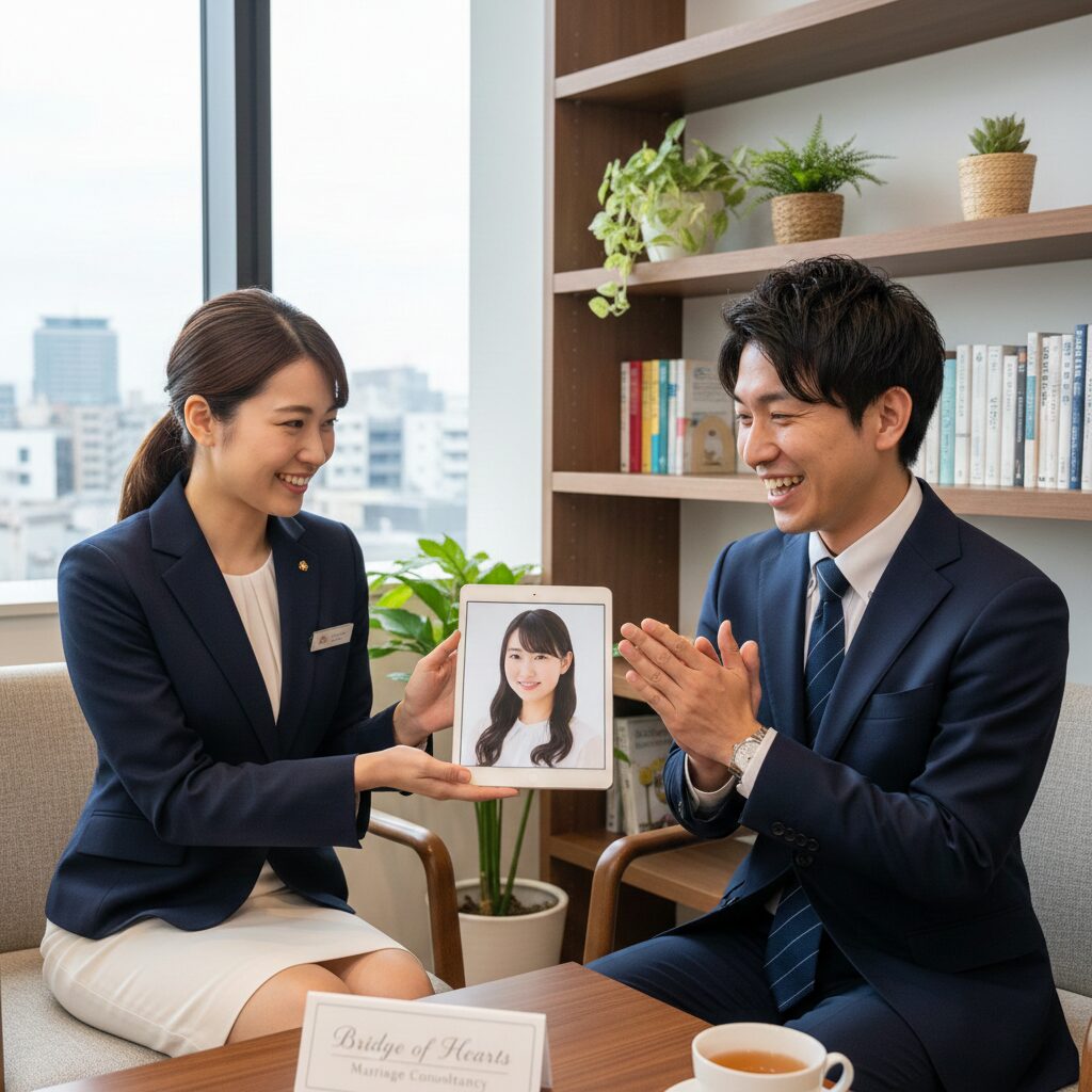結婚相談所で婚活カウンセラーから、お見合い相手を紹介されている日本人男性