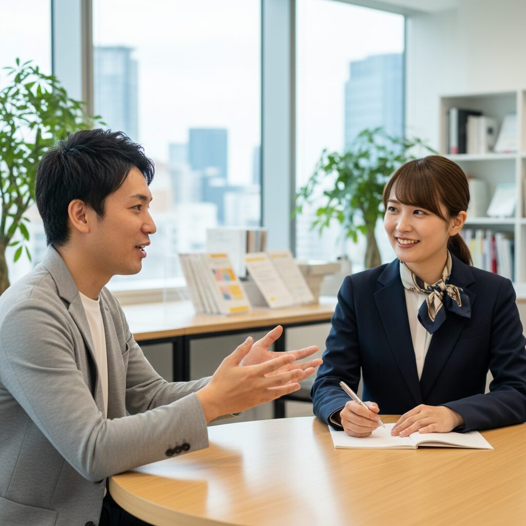 結婚相談所で制服を着た婚活カウンセラーに熱心に話しかけている日本人男性