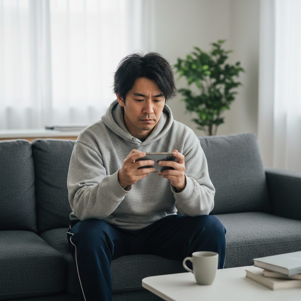電車内や自宅のソファで、死んだ魚のような目でスマホを見つめ、指だけ動かしている男性。