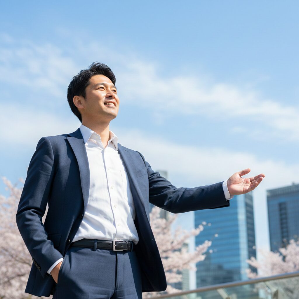 スーツ姿で、青空を見上げている、または明るい道を歩き出そうとしている男性。希望に満ちた表情。