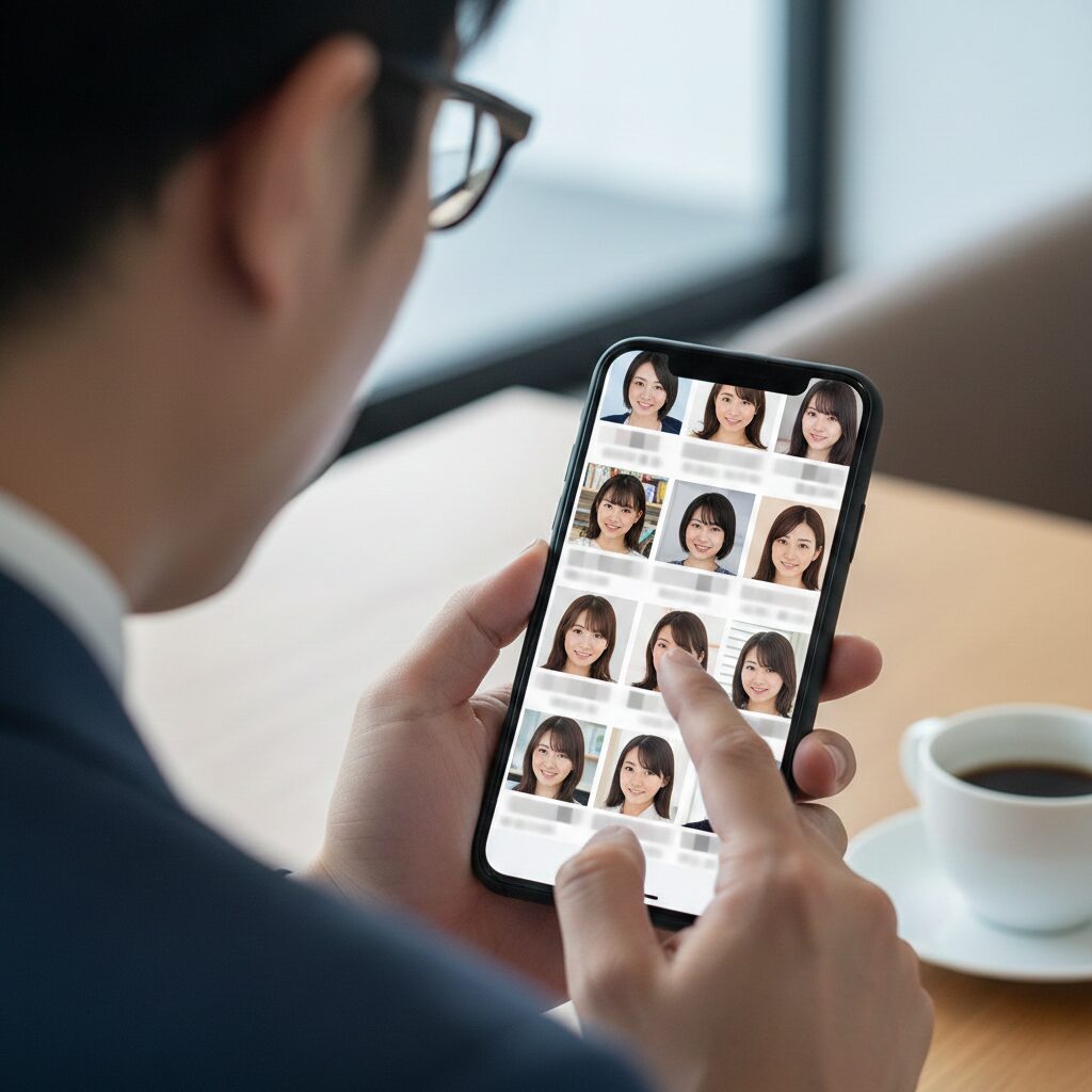 スマホ画面に多数の女性の顔写真(ボカシあり)が並んでいる様子と、それを選ぶ指。