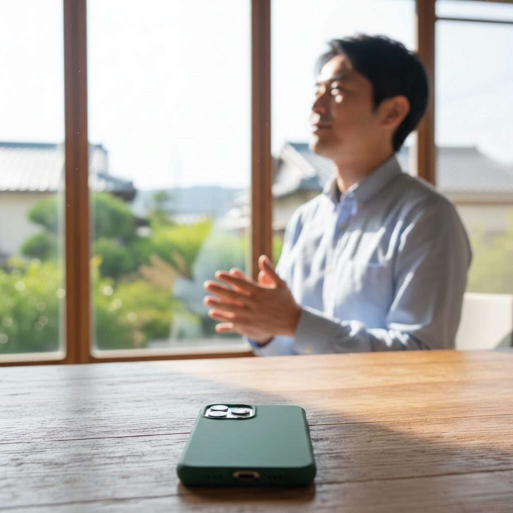 スマホをテーブルに伏せて置き、窓の外や遠くを眺めてホッとしている男性。